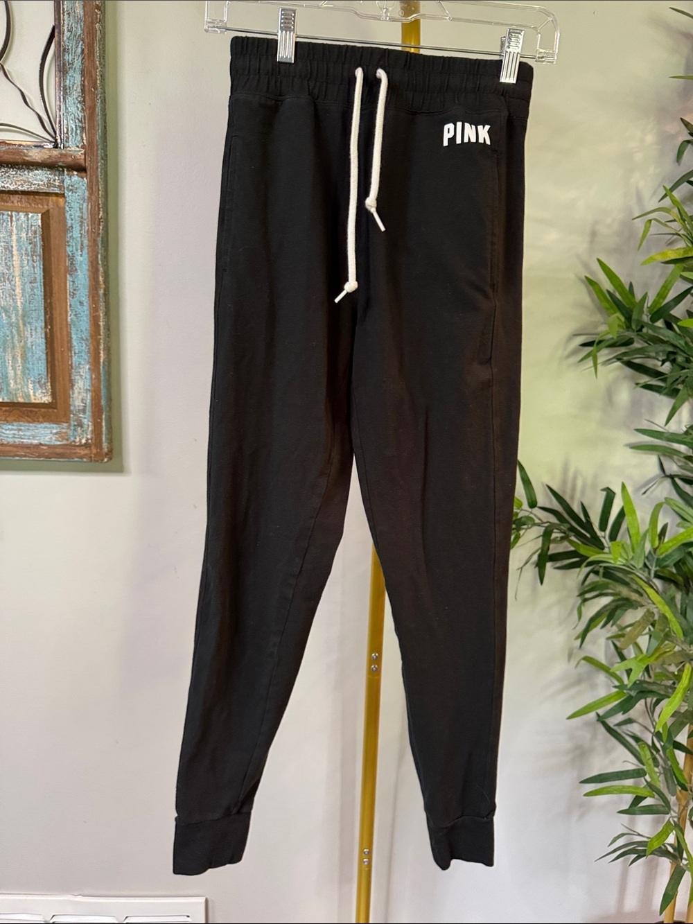 PINK Victoria's Secret Black Jogger Sweatpants with White Drawstring